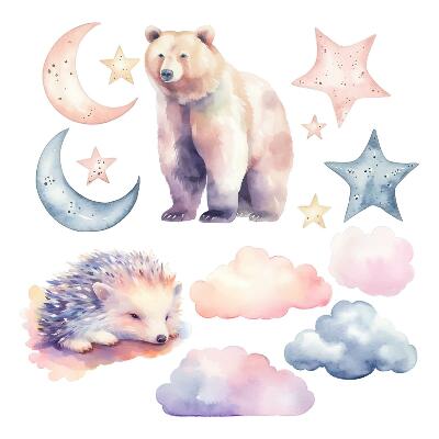Muurstickers 60x107 Schattige dieren onder de nachtelijke hemel in aquarelstijl