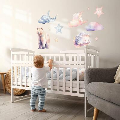 Muurstickers 60x107 Schattige dieren onder de nachtelijke hemel in aquarelstijl