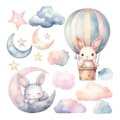 Muurstickers 60x80 Konijnen in een pastelkleurige lucht met een ballon 's nachts