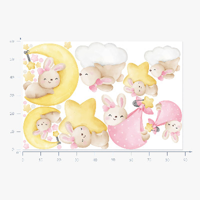 Muurstickers 60x88 Konijntjes in de nachtelijke hemel aquarel pastel