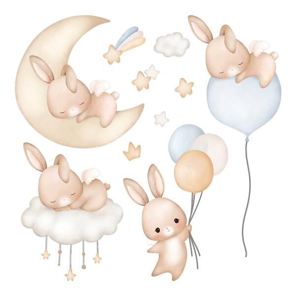 Muurstickers 60x53 Konijntjes met ballonnen in de nachtelijke hemel aquarel