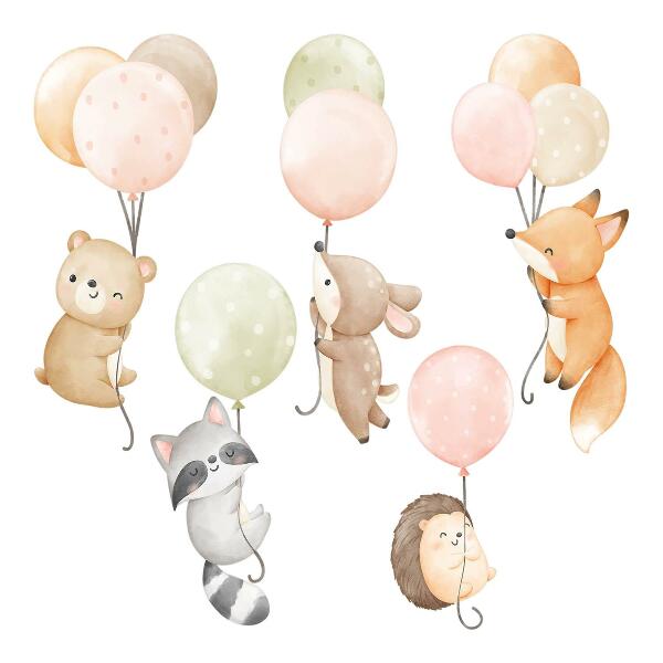 Muurstickers 60x93 Schattige dieren zwevend op ballonnen in waterverf
