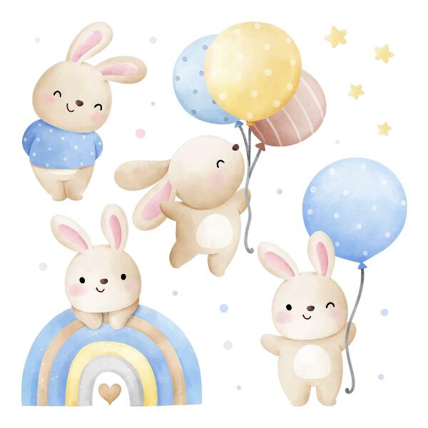 Muurstickers 60x94 Konijntjes met ballonnen in een pastelkleurige regenboog