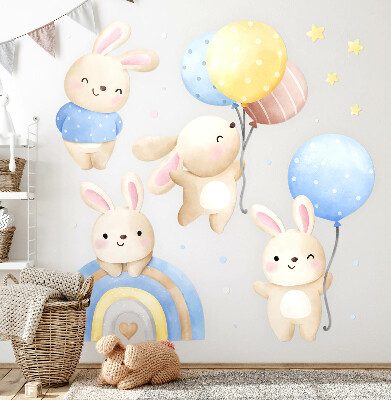 Muurstickers 60x94 Konijntjes met ballonnen in een pastelkleurige regenboog