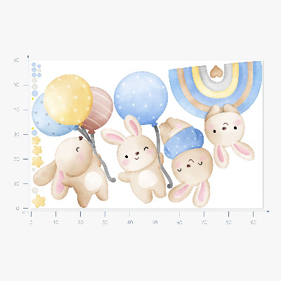 Muurstickers 60x94 Konijntjes met ballonnen in een pastelkleurige regenboog