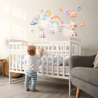 Muurstickers 60x82 Schattige dieren in pastelhemel