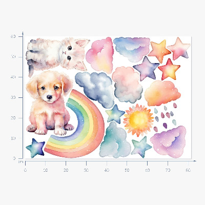 Muurstickers 60x82 Schattige dieren in pastelhemel