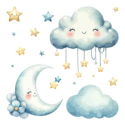 Muurstickers 60x60 Pastelkleurige wolken met de maan en de sterren