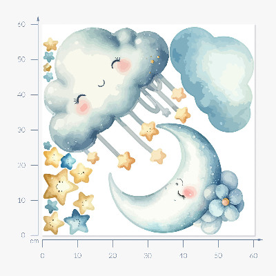 Muurstickers 60x60 Pastelkleurige wolken met de maan en de sterren