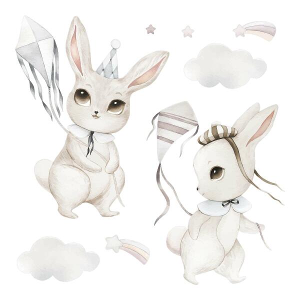 Muurstickers 60x86 Konijntjes met vliegers in pastel boho-stijl
