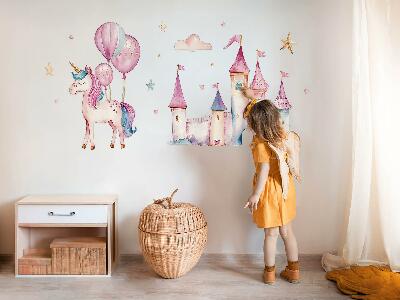 Muurstickers 60x82 Eenhoornkasteel in pastel aquarelstijl