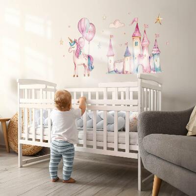 Muurstickers 60x82 Eenhoornkasteel in pastel aquarelstijl