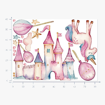 Muurstickers 60x82 Eenhoornkasteel in pastel aquarelstijl