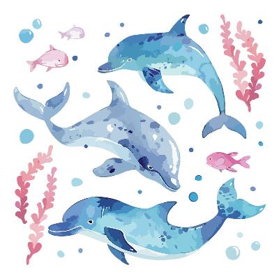 Muurstickers 60x93 Blauwe dolfijnen in een pastelkleurig onderwaterlandschap