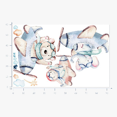 Muurstickers 60x92 Teddybeer, olifant en jongen in pastelkleurige vliegtuigjes