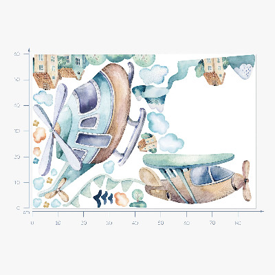 Muurstickers 60x87 Een helikopter en een vliegtuig in een pastelkleurig stadje