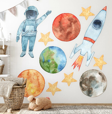 Muurstickers 60x107 Ruimteplaneten met aquarel van astronaut en raket