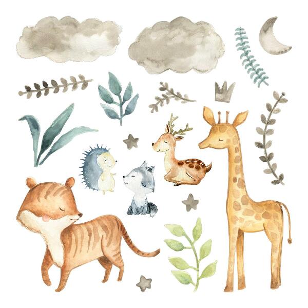 Muurstickers 60x101 Dieren en planten in een delicate, pastelkleurige aquarelstijl