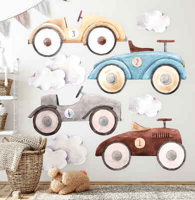 Muurstickers 60x94 Pastelkleurige auto's en subtiele aquarelwolken