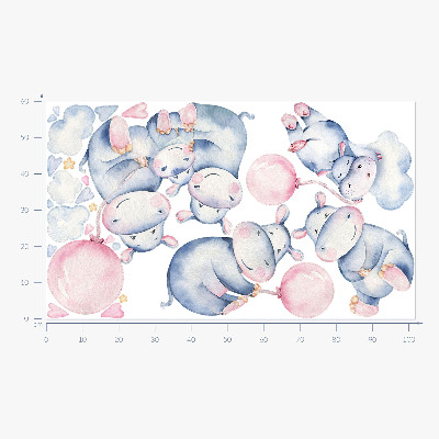 Muurstickers 60x102 Nijlpaardfamilie met ballonnen en pastelkleurige wolken