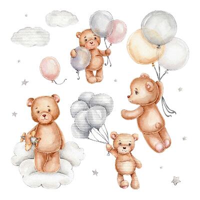Muurstickers 60x90 Schattige teddyberen met ballonnen in de wolken pastel