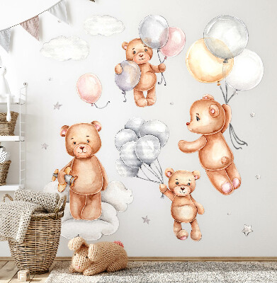 Muurstickers 60x90 Schattige teddyberen met ballonnen in de wolken pastel