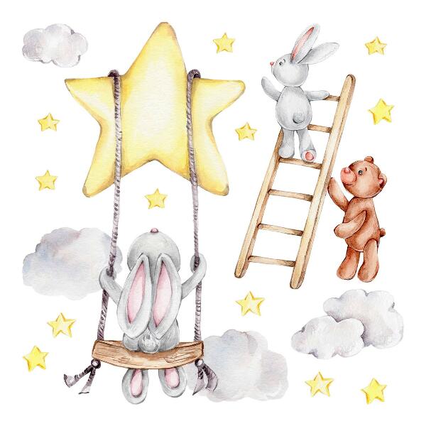 Muurstickers 60x92 Pastel aquarel dieren en wolken