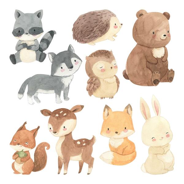 Muurstickers 60x104 Pastelkleurige boswezens in aquarelstijl