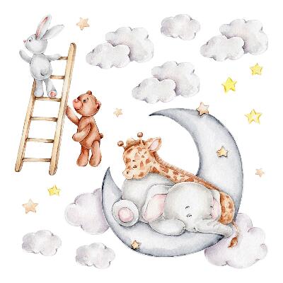 Muurstickers 60x82 Pastelkleurige dieren in de wolken en sterren