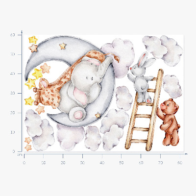 Muurstickers 60x82 Pastelkleurige dieren in de wolken en sterren