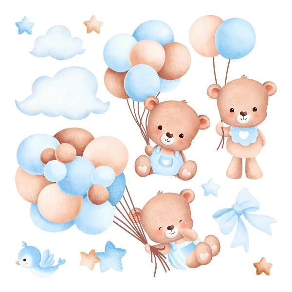 Muurstickers 60x104 Schattige teddyberen met ballonnen in pasteltinten