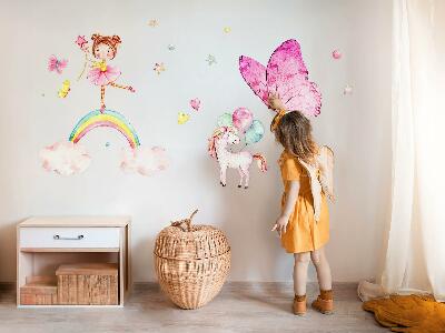 Muurstickers 60x78 Pastelkleurige eenhoorn met ballonnen op een regenboog