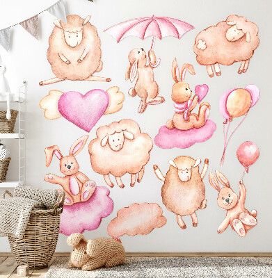 Muurstickers 60x96 Pastelwolken met schapen en konijnen