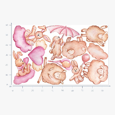 Muurstickers 60x96 Pastelwolken met schapen en konijnen