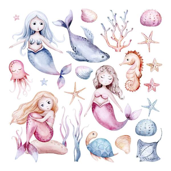 Muurstickers 60x76 Een onderwaterland van pastelkleurige zeemeerminnen en fauna