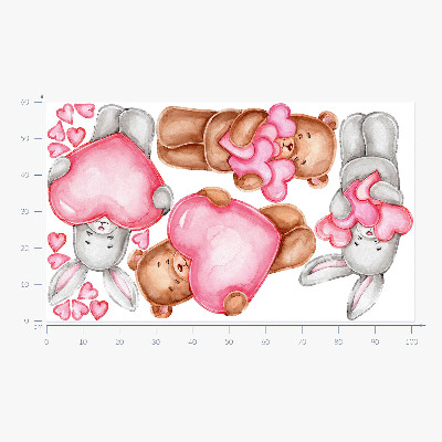 Muurstickers 60x101 Pastel aquarel met kommen en konijnen in harten