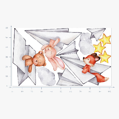 Muurstickers 60x102 Schattige dieren in papieren vliegtuigjes