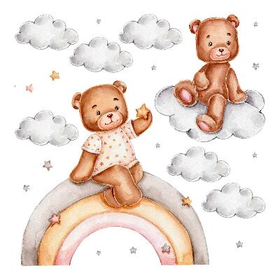 Muurstickers 60x79 Schattige teddyberen op een regenboog in pastelwaterverf