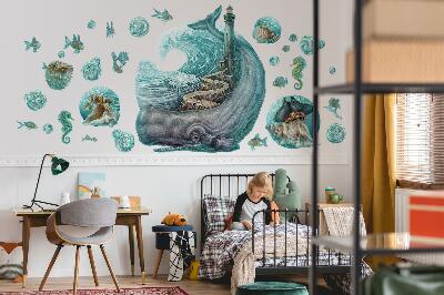 Muurstickers 60x69 Een onderwatersprookje van een vuurtoren in pasteltinten