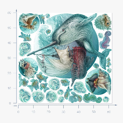 Muurstickers 60x62 Een sprookjesachtige zeewereld met tekenfilmdieren