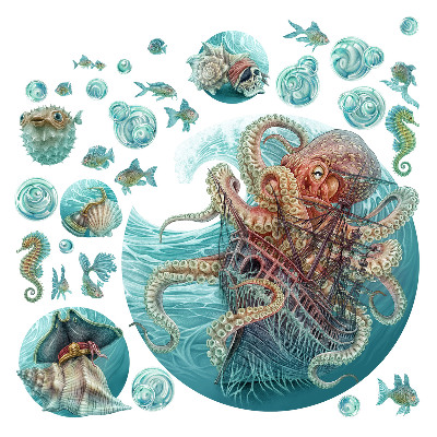Muurstickers 60x70 De sprookjesachtige zeewereld van octopussen en schepen