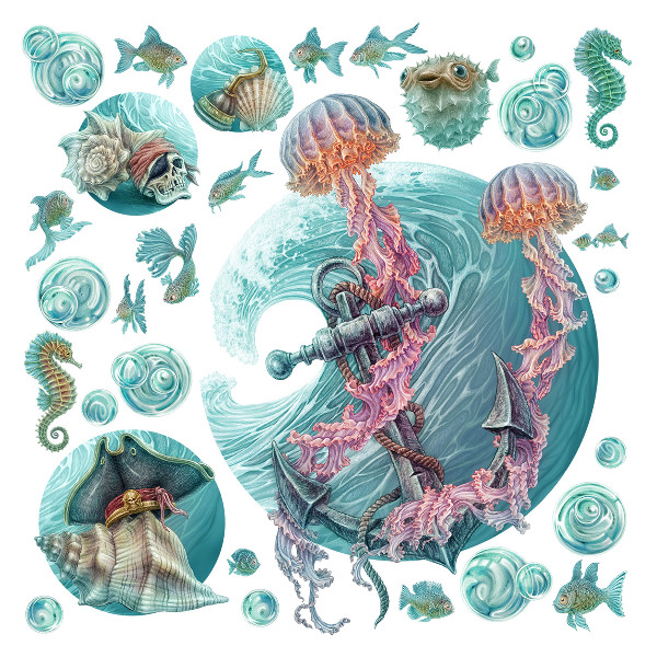 Muurstickers 60x62 Een onderwatersprookje met kwallen in pastelkleuren