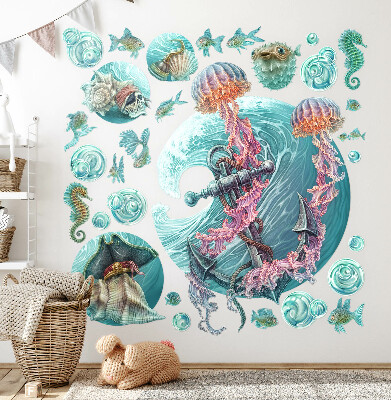 Muurstickers 60x62 Een onderwatersprookje met kwallen in pastelkleuren