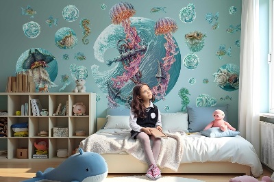 Muurstickers 60x62 Een onderwatersprookje met kwallen in pastelkleuren