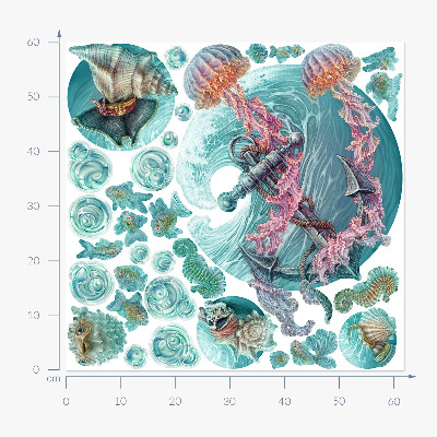 Muurstickers 60x62 Een onderwatersprookje met kwallen in pastelkleuren