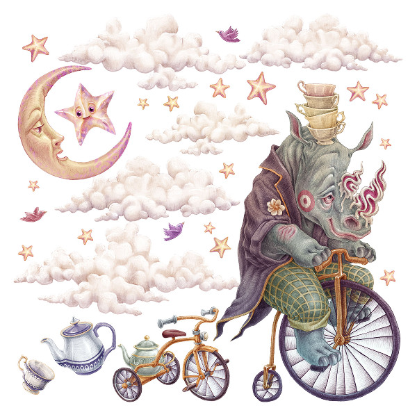 Muurstickers 60x77 De pastelkleurige dierenwereld in tekenfilmvorm