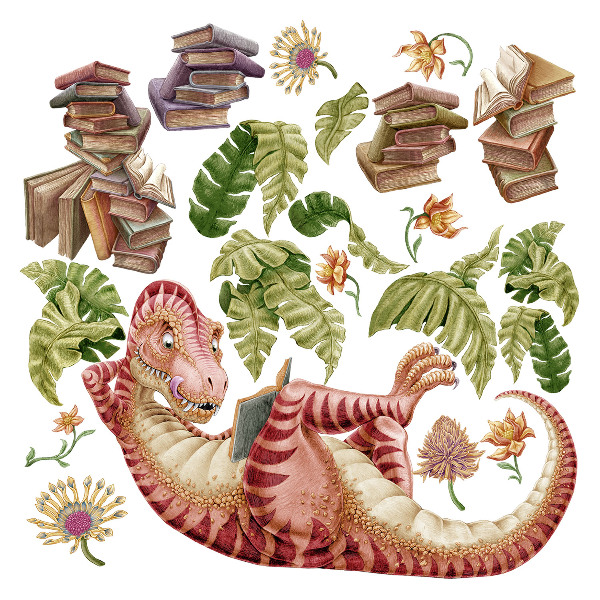 Muurstickers 60x90 Rode dinosaurus met tekeningen en bloemen