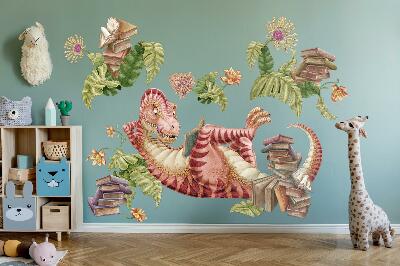 Muurstickers 60x90 Rode dinosaurus met tekeningen en bloemen