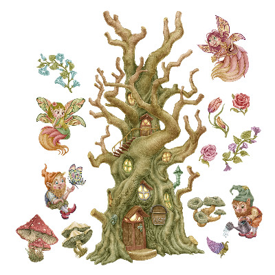 Muurstickers 60x79 Bosfeeënwezens en pastelkleurig huis