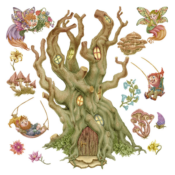 Muurstickers 60x96 Bosmagie: Feeënkabouters en een pastelkleurig huis
